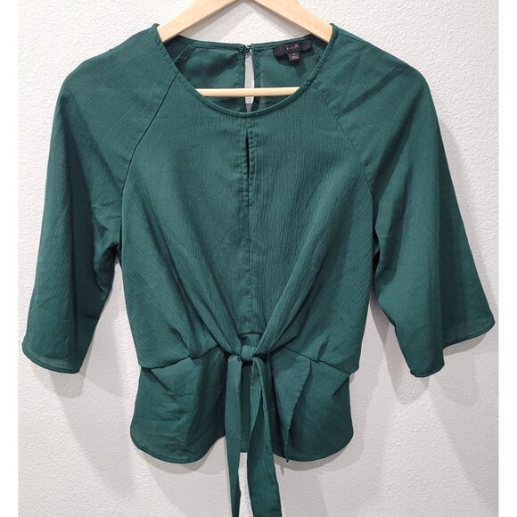 Women's E & M Green Tie-Front Keyhole Peplum Blouse Size S - Picture 1 of 11